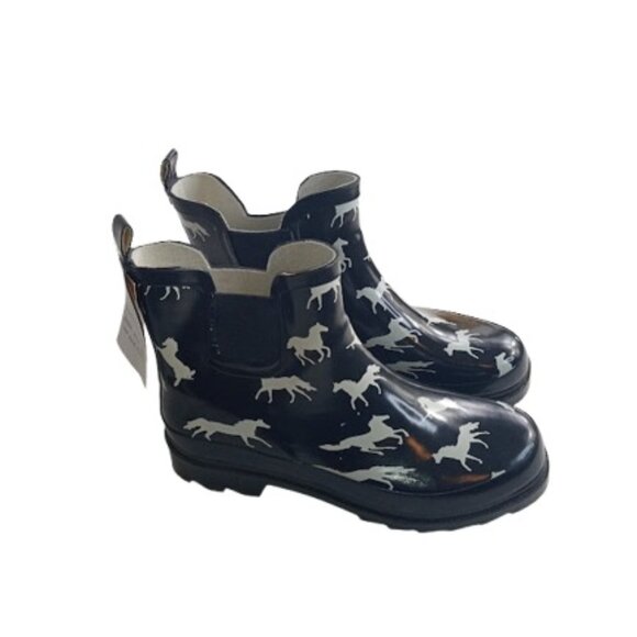 Norty Womens Ankle Rain Garden Boots Black White Horse Print 7 New - Picture 1 of 6